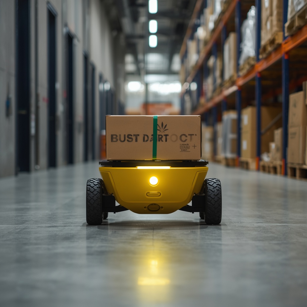 Nano Banana2 autonomous mobile robot navigating a modern warehouse corridor with cargo payload